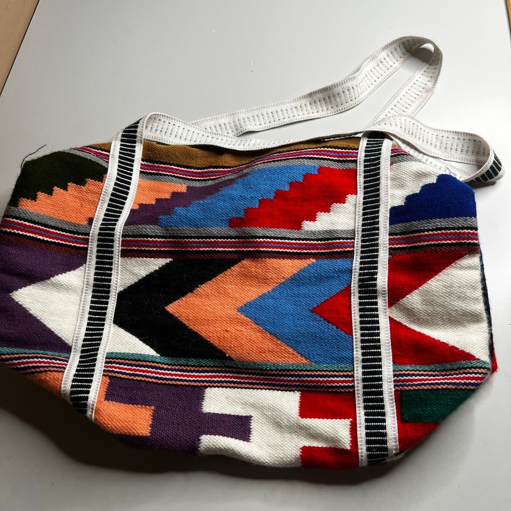 Handwoven Wool Geometric Bird Duffel Bag Multi Color Boho Weekender Tote - Picture 4 of 7